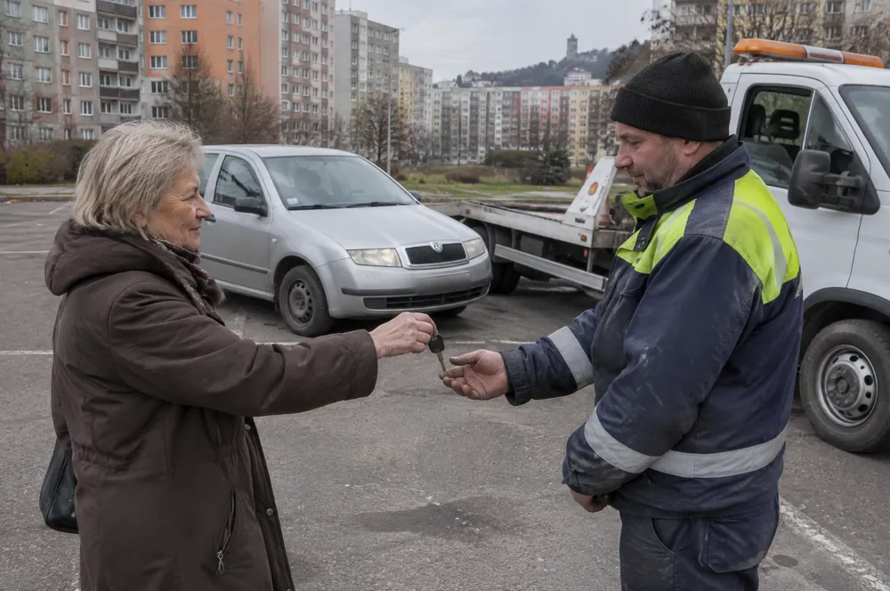 Starší paní předává řidiči odtahovky jen klíček od auta na parkovišti na Barrandově