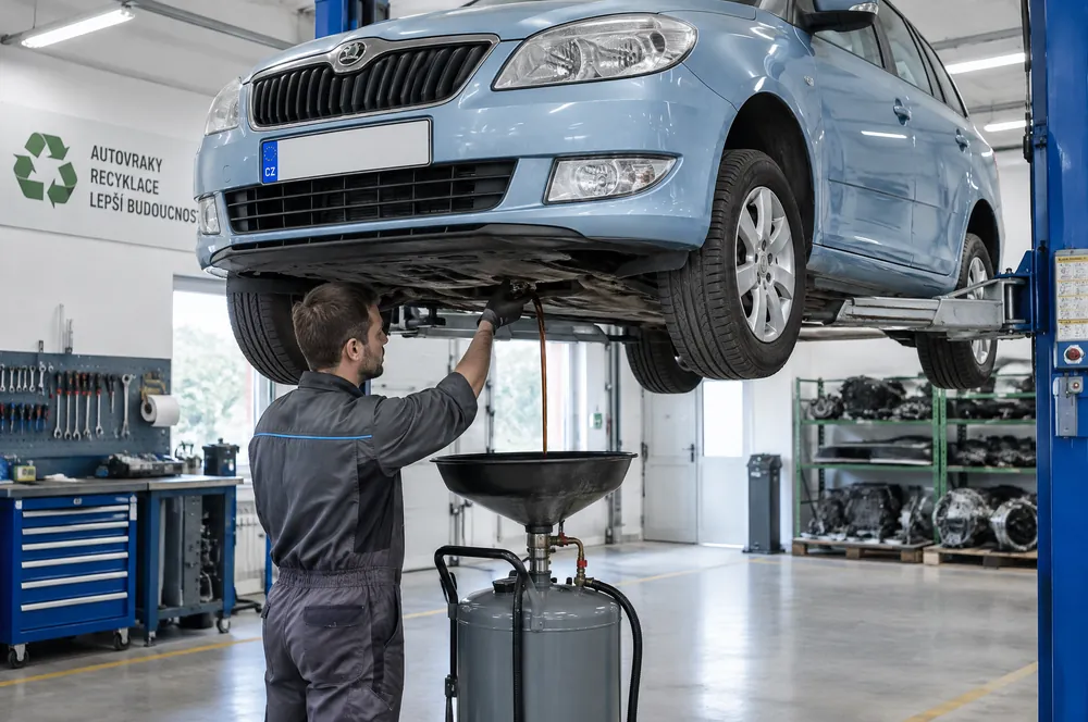 Technik vypouští motorový olej z vany motoru Škody Fabie combi na zvedáku do sběrné nádoby